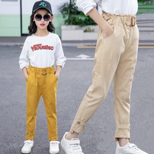 Spring&Autumn Children Kids Trousers Big Girls High Waist Pants Cotton Kids Casual Pants with Belt Yellow Khaki Army Green Color