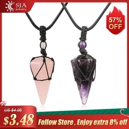 CSJA Natural Stone Cone Pendants Crystal Quartz Black Rope Wrapped Treatment Stones Necklace for Men Female Fashion Jewelry G173