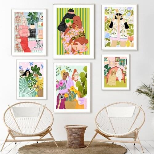 Girl Poodle Plant Leaves Scandinavian Abstract Art Canvas Painting Nordic Posters And Prints Wall Pictures For Living Room Decor