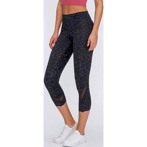 Heyyoga Women CAMO-PANTHER Naked-feel Fabric Running Gym Cropped Pants 4-12 Calf Mesh Patchwork Sport Fitness Yoga Capri Pants