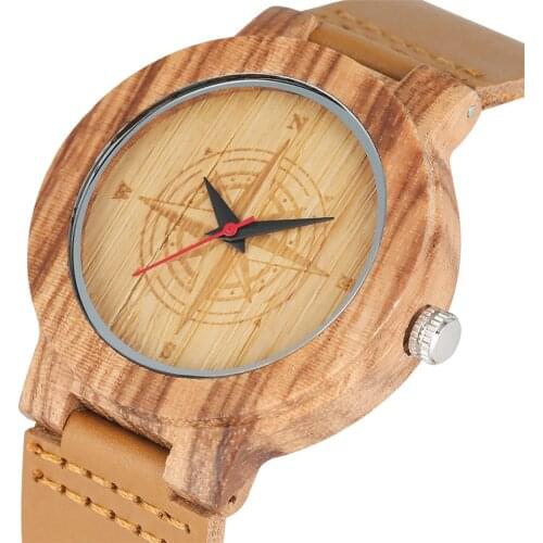 Engraved Compass Display Round Dial Wooden Watch Mens Genuine Leather Wristwatch Brown Stripes Wood Watches Mens Clock reloj