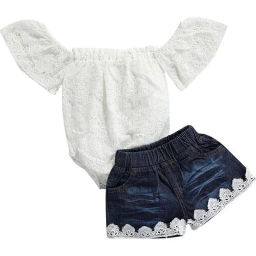 2 Pcs Baby Girls Summer Outfits Off-shoulder Floral Lace Boat Neck Short Sleeve Romper + Solid Color Jeans with Pockets
