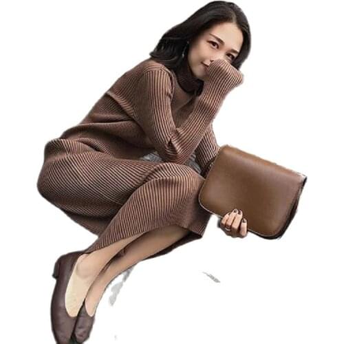 Fashion Knitted Dress Womens Mid-Length 2021 Autumn And Winter Nnew Warm High-Neck Thickened Over-The-Knee Sweater Base Ddress