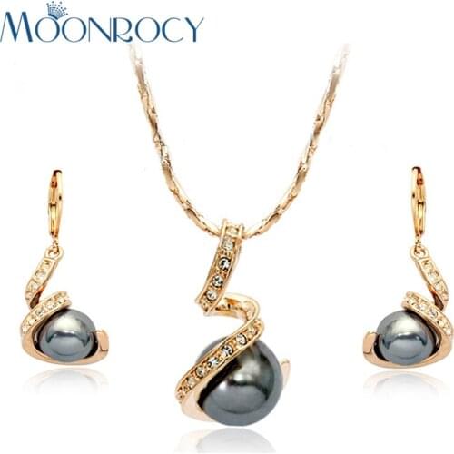 MOONROCY Free Shipping Zirconia Rose Gold Color Austrian Crystal Imitation Pearl Jewelry Set Necklaceand Earring womens gift