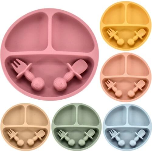 Baby Silicone Dining Plate Set Solid Cute Smile Cartoon Children Dishes Toddle Training Tableware Kids Feeding Bowls BPA FREE