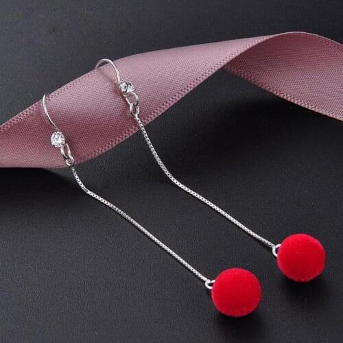 Real Fine Jewelry 925 Silver Plush Ball Earrings Dangle Fashion Elegant Long Drop Earrings For Women New Year Gift Dropshipping