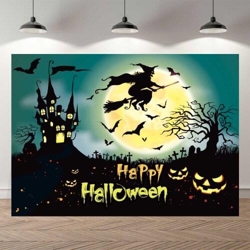 NeoBack Autumn Happy Halloween Thrilling Night Moon Pumpkin Witch Bat Little Ghost Castle Trick or Treat Party Banner Background