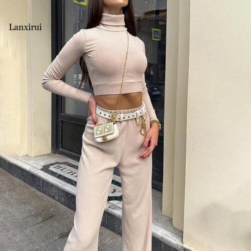 Casual Ribbed 2 Piece Set Women Matching Sets Turtleneck Long Sleeve Crop Top Wide Leg Pant Outfits Solid Fitness Suit