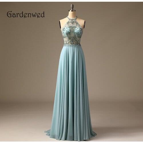 Gardenwed Blue Chiffon See-through Evening Dress Long 2020 Beading Bodice Halter A Line Prom Dress Open Back