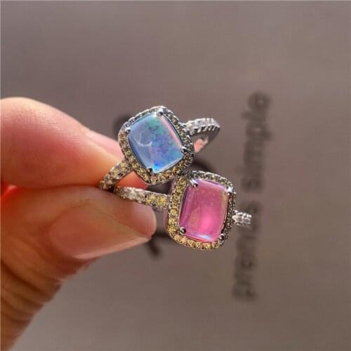 Vintage Female Square Opal Stone Ring Classic Silver Color Thin Wedding Rings For Women Dainty Bride Crystal Engagement Ring