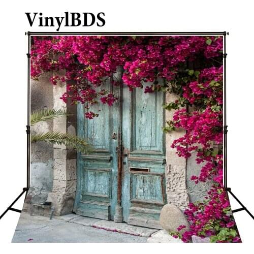 VinylBDS Flower Wall Backdrop Retro Wooden Door Romantic Wedding Photography Backdrops Vintage Photography Backdrops