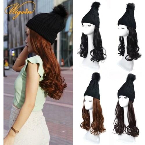 WIGSIN Long Synthetic Big Wave Black Elastic Knit Keep Warm Beanie Hat Wigs For Fashion Women