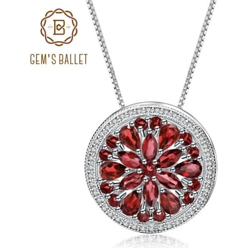 GEMS BALLET Natural Red Garnet Gemstone Pendant For Elegant Women 925 Sterling Sliver Round Pendant Necklace Fine Jewelry