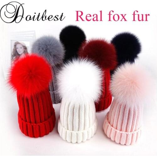 Doitbest Real Fox fur winter hat for women girls pompom hats Beanies knitted womens racoon fur pom pom cap Parent-child beanie