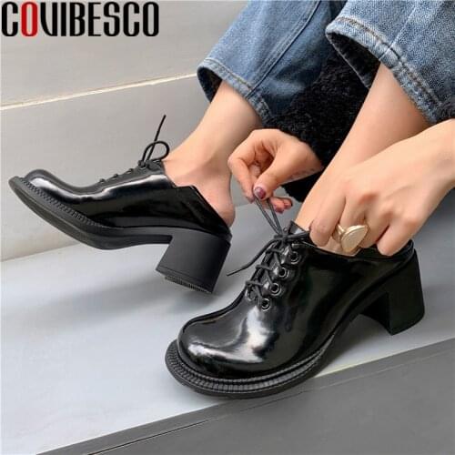 COVIBESCO Vintage Classic Genuine Leather Handmade Shoes For Women Cross Tied Chunky Heels Pumps Autumn Party Basic Shoes Woman
