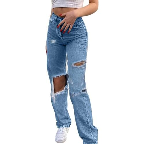 Womens Ripped Jeans High Waist Distressed Straight Jeans Casual Loose Retro Trousers Ladies Wide-leg Trouser Jeans Trousers