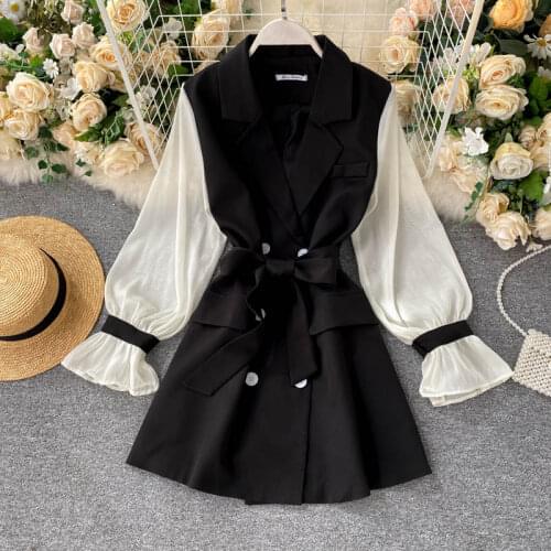 Women Teperament Double Breasted Blazer Dress 2021 Autumn Fashion Long Sleeve Notched Collar Bandage Slim Casual Vestidos