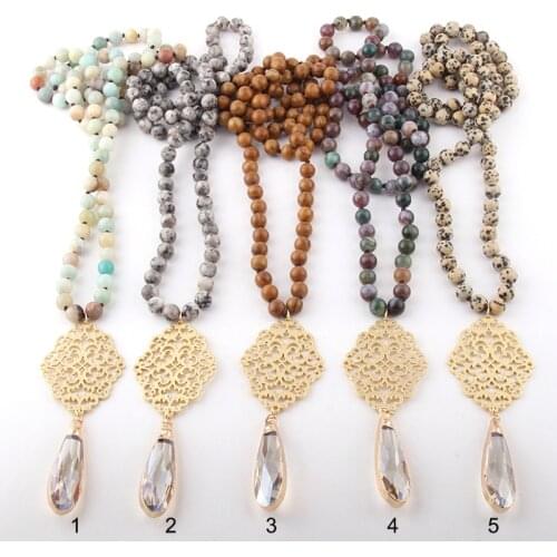 Fashion Bohemian Jewelry Semi Precious Stones Long Knotted Metall Grid Links Crystal Drop Necklaces For Women Ethnic Necklace