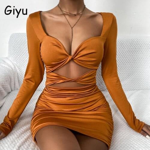 Giyu Sexy Club Party Dress Women 2021 Summer Autumn V Neck Long Sleeve Hollow Out Pleated Ruched Mini Dresses Bodycon Vestidos