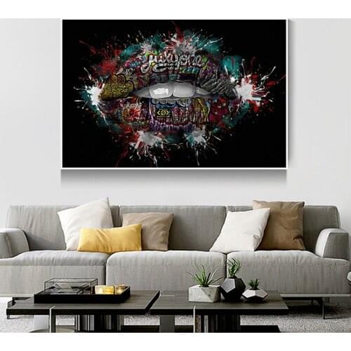 Black Graffiti Art Canvas Paintings on The Wall Poster and Print Colorful Lips Street Art Picture for Living Room Decoration