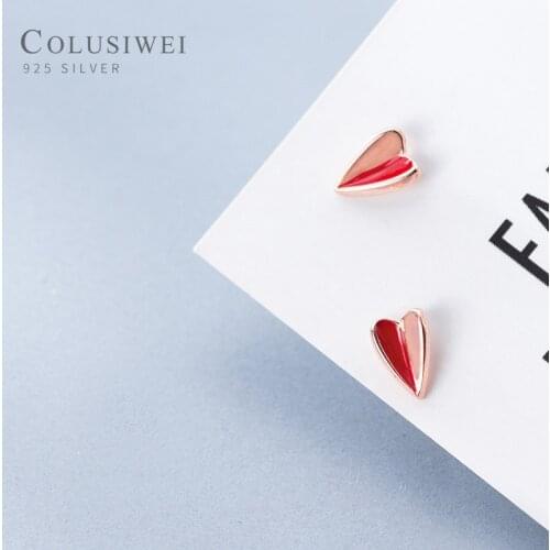 Colusiwei Authentic 925 Sterling Silver Red Enamel Mini Cute Fold Love Hearts Stud Earring for Women Japanese Style Fine Jewelry