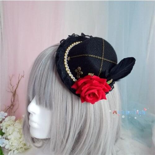 Gothic Mini Top Hat Headwear Women Rose Cross Chain Feather Fascinator Hat Girls Costume Fancy Party Cosplay Steampunk Headdress