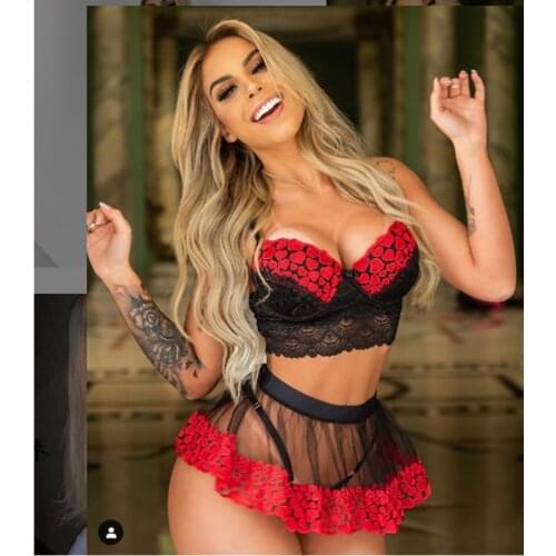 Hirigin Erotic Sex Costume Sets Fashion Women Sleeveless Lace Mesh Peach Heart Print Crop Top Mini Skirt Suits Sexy Lingerie