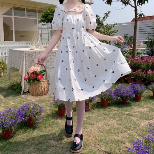 Summer Women Dress 2021 New Square Collar Puff Sleeve High Waist Embroidery Pattern Dresses Kawaii Loose Casual White Dress Girl