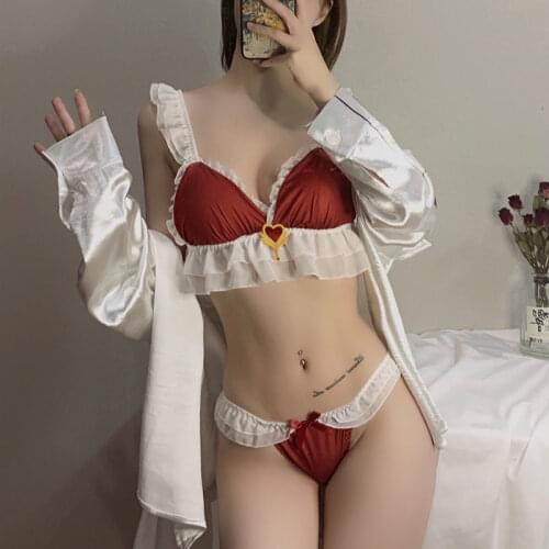 Kawaii Cute Red Bra and Panty Set Lounge Undwear Women Lingerie Japanese Sexy Ruffles Bra Panties Intimates Clothes Thong Set