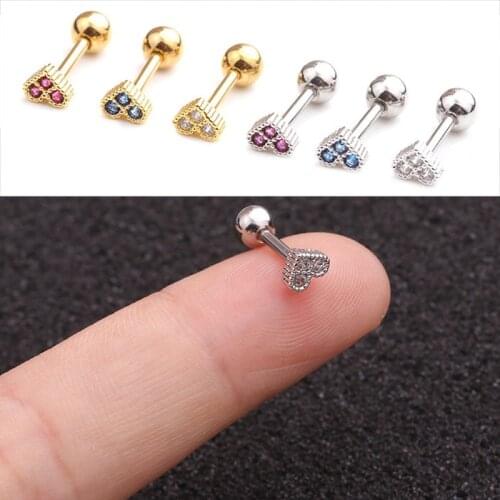 Mini Heart Blue Fuchsia Crystal CZ Gold Stainless Steel Curved Bar Cartilage Helix Stud Earrings Piercing Body Jewelry Gift брел