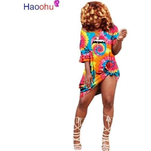 HAOOHU lip Print Fashion T Shirt Dress Women Slash Neck Short Sleeve Sheath Dress Summer One Shoulder Backless Mini Dress