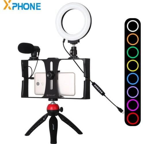 PULUZ Smartphone Vlogging Recording Kits Video Rig Kit with RGBW Ring Lights Microphone Mini Tripod for YouTube Tik Tok