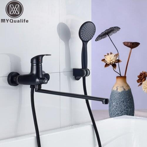 Wall Mounted Bathtub Faucet Black Color Rotated Long Nose Hot and Cold Water Bath Tub Crane Bathtub Mixers Withh Handshower