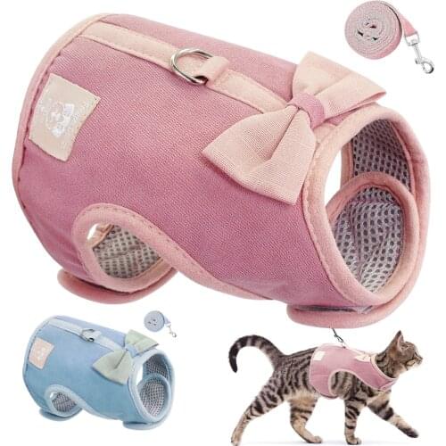 Small Puppy Cat Dog Harness Vest Cute Bowknot Mesh Pet Harness Leash Set Adjustable For Small Medium Dogs Cats Chihuahua Pink