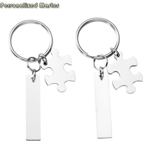 Personalized Master Custom Text Name Key Chains Stainless Steel Engraved Keychains Matching Puzzle Rectangle Dog Tag Keyring 2pc