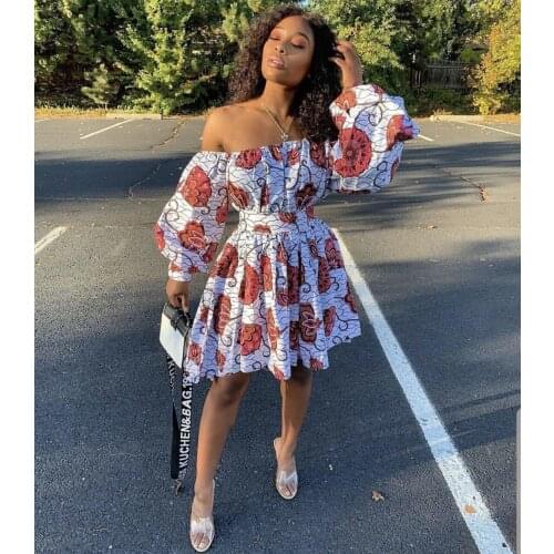 African Womens Spring and Autumn Printed Fashion Slant Shoulder Long Sleeve Dress 2021Bandage High Waist Indonesian Short Skirt
