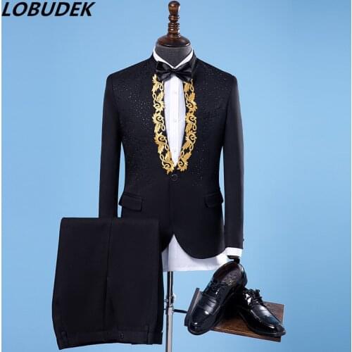 The Latest Male slim Suit Costumes Flashing Crystals Diamond Blazers Trousers sets Nightclub singer stage outfit Host costumes