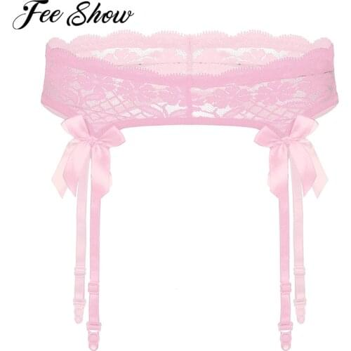 Sexy Erotic Men Sheer Lace Garter Belts Suspenders Sissy Lingerie Sleepwear Bowknot Elastic Waistband Garter Belt for Stockings