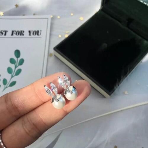 Real 100% 925 Sterling Silver Stud Earrings Bunny with Pearl Rabbit Lasting Shiny Crystal Ears Retro Style Exquisite Jewelry