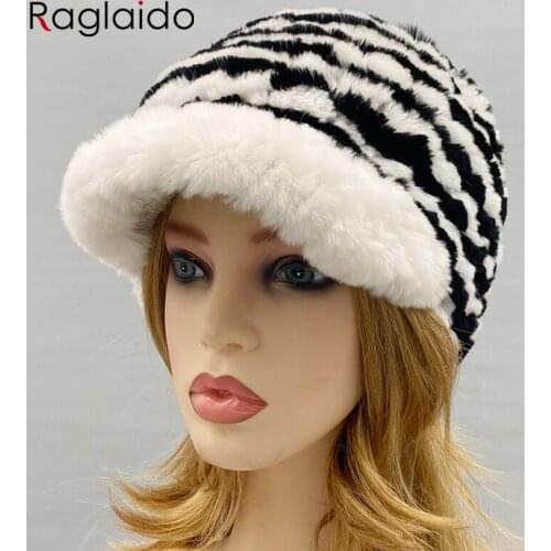 Stylish women fur cap winter warm rex rabbit fur striped hat hand knitted female girls outdoor hats