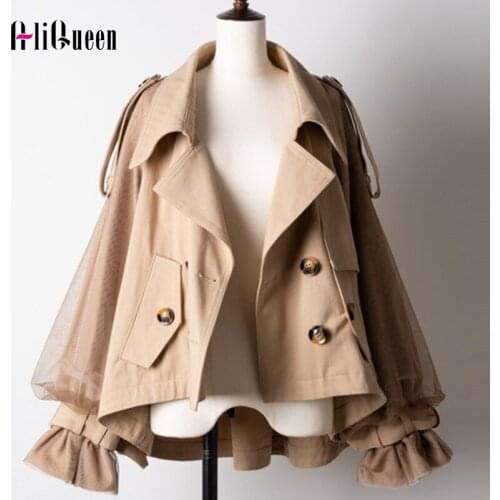Autumn Spring Women Temperament Double Breasted Lapel Mesh Gauze Sleeve Trench Coats Female Japanese Style Windbreaker Jacket