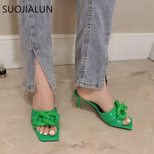 SUOJIALUN 2021Women Summer Sandal Shoes Fashion Brand Buckle Slides Ladies Thin High Heel Slipper Open Toe Casual Dress Pumps