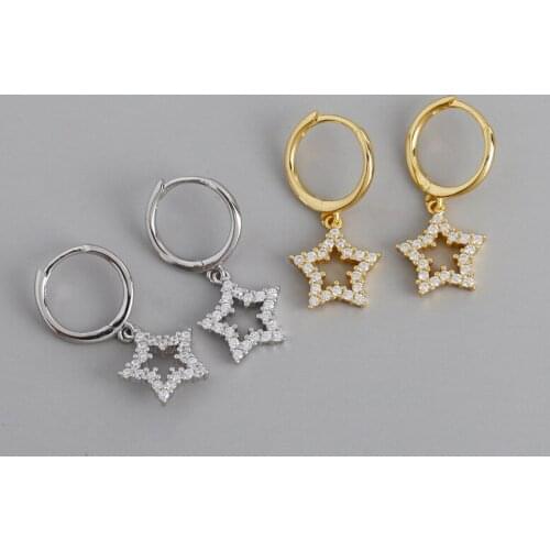 Enosola Genuine 925 Sterling Silver European Hollow Star Pave Zircon Hanging Drop Earrings for Women Wedding Luxury Jewelry Gift