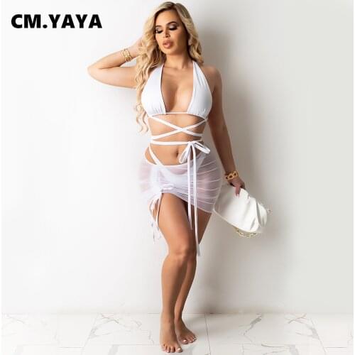 CM.YAYA Women Bikinis Set Solid Bandage Bra Low Waist Paties Shirring Mesh Mini Skirts Three Piece Sets Sexy Beachwear Summer