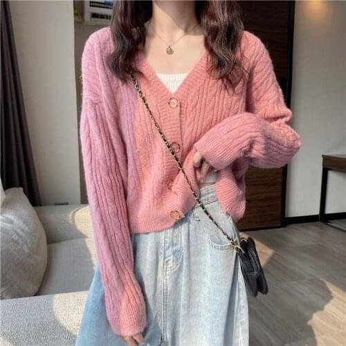 Women 2021 Spring Autumn New Short Cardigan Jackets Female V-neck Sweater Coats Ladies Solid Color Knitted Outerwears Y404