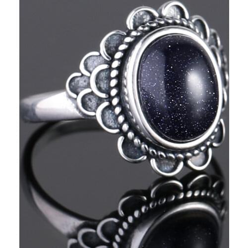Ethnic Flower Blue Sandstone Rings For Women 925 Sterling Silver Gemstone Sandstone Jewelry For Party Wedding Birthday Gift