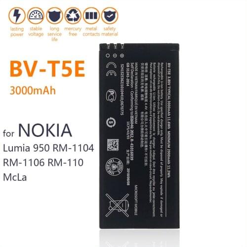 100% Genuine BV-T5E Battery For Nokia Lumia 950 RM-1104 RM-1106 RM-110 McLa BVT5E 3000mAh Mobile Phone In Stock New Batteries