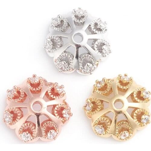 20Pcs Multi-Petal Brass Micro Pave Clear Cubic Zirconia Bead Cap Flower End Caps Spacers for Bracelet Necklace Jewelry Making