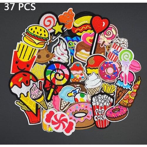 37pcs/lot Cute girls Embroidered Patches for Clothing DIY Cartoon Iron-on to Clothes French fries Cake Badge Stickers Accessory