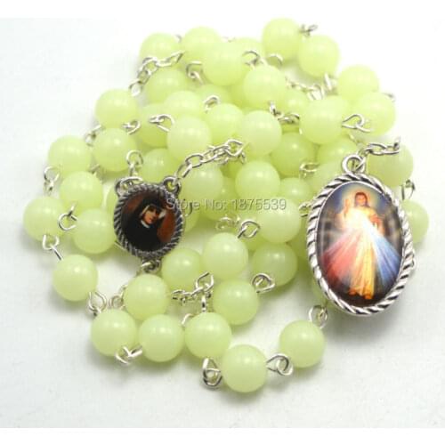 8 mm luminous acrylic bead catholic rosary, Jesus mercy pendant with st Faustina centerpiece